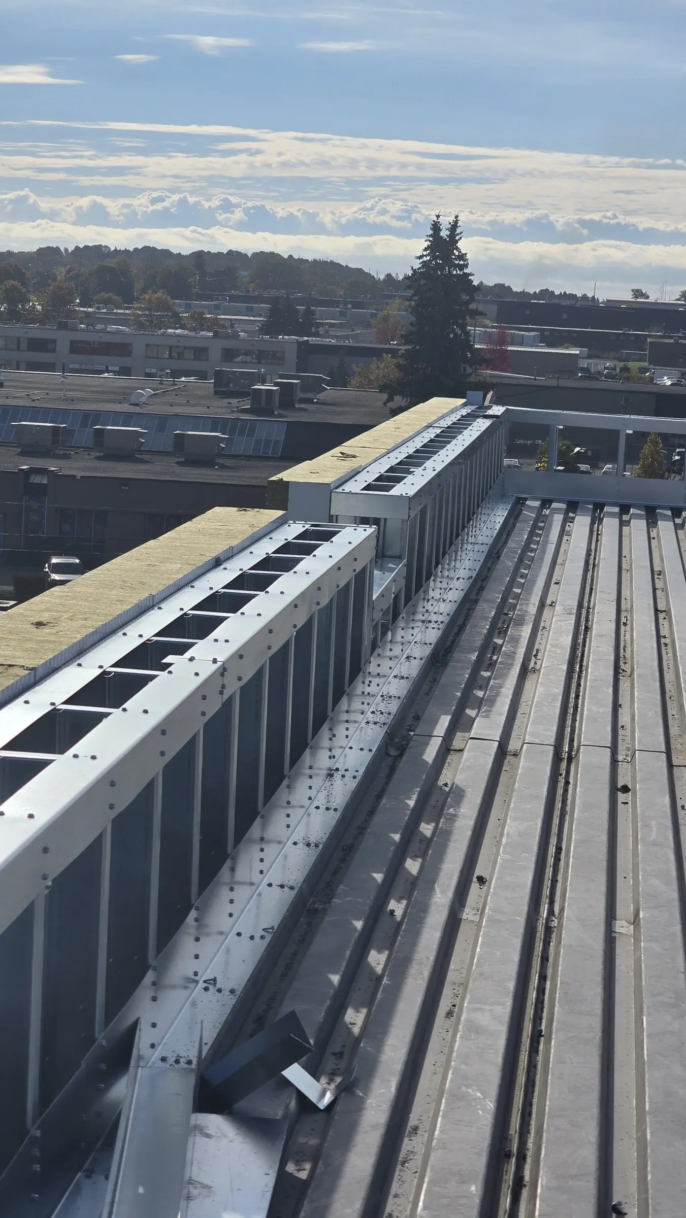Steel stud parapet framing along a rooftop edge above the city
